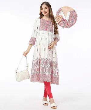 Bella Mama Woven Three Fourth Sleeves Highlighted Yoke Maternity Kurta With Floral Print - Off White