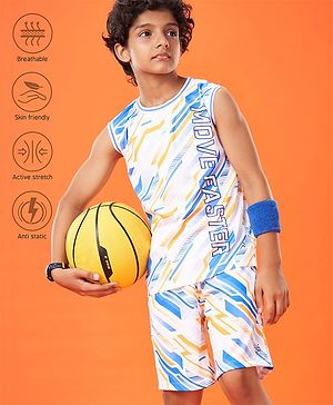 Pine Active Knit High Stretch Sleeveless T-Shirt & Shorts Set Text Print - Blue