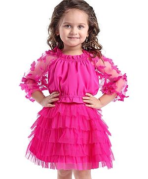 Babyhug Woven Full Sleeves Top & Layered Skirt Set with Butterfly Applique - Fuschia