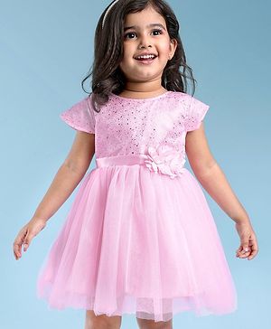 Babyhug Woven Cap Sleeves Fit and Flare Party Frock With Floral Corsage- Light Pink