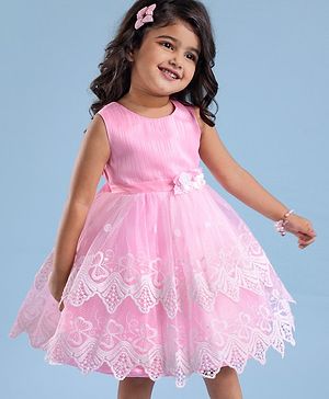 Babyhug Woven Sleeveless  Fit & Flare Lace Party Frock With Floral Corsage  - Pink