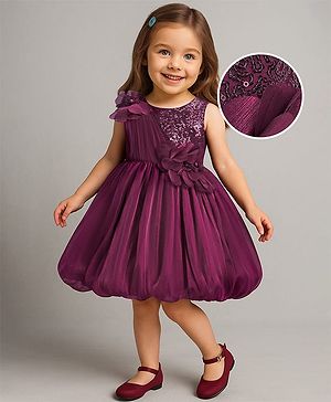 Babyhug Woven Sleeveless Fit and Flare Balloon Party Dress with Floral Corsage & Sequins Detailing  - Aubergine