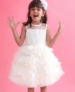 Babyhug Woven Sleeveless Fit and Flare Sequinned Yoke Frill Party Dress - Off White