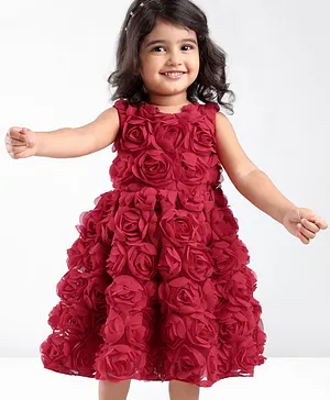 Babyhug Woven Sleeveless Fit and Flare Party Dress with 3D Flowers Applique - Red