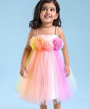 Babyhug Party Wear Sleeveless Dress With Floral Corsage -Multicolour