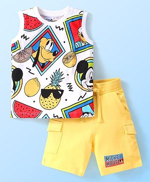 Babyhug Disney Single Jersey Knit Sleeveless T-Shirt and Short Set with Mickey Mouse Print- Blue & Yellow