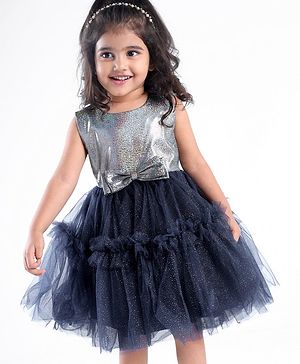 Babyhug Woven Sleeveless Party Wear Fit and Flare Dress with Shimmer Detailing - Navy Blue