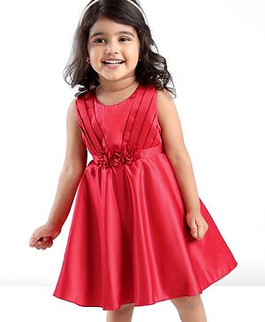 Babyhug Woven Sleeveless Party Frock With Pleats Detailing & Floral Applique - Red