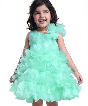Babyhug Woven Sleeveless Party Wear Fit and Flare Sequinned Ruffled Dress - Mint Green