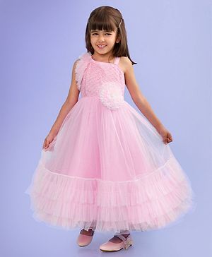 Babyhug Woven Sleeveless Fit and Flare Ruffled Party Dress with Sequin & Glitter Detailing-   -Light Pink