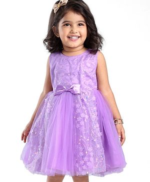 Babyhug Woven Sleeveless Party Wear Frock with Bow & Floral Applique - Lilac