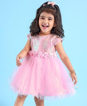 Babyhug Woven Cap Sleeves Party Dress With Sequin Detailing & Floral Corsage - Pink