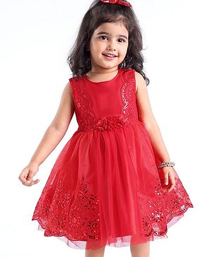 Babyhug Sleeveless  Embroidered Fit & Flare Party Dress with Floral Corsage - Red