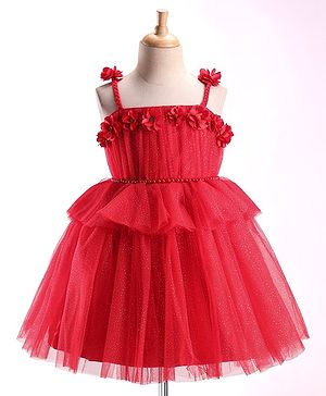 Babyhug Sleeveless Shimmered Ruffled Party Frock with Floral Applique -  Red