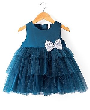 Babyhug Sleeveless Party Wear Fit and Flare Frock with Bow - Green