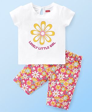 Babyhug Single Jersey Knit Half Sleeves Capri Night Suit Floral Print - White & Pink