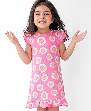 Babyhug Cotton Knit Single Jersey Frill Sleeves Nighty With Flower Print - Pink