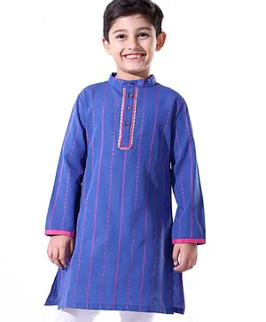 Earthy Touch Cotton Yarn Dyed Full Sleeves Kurta With Zari Lace - Blue