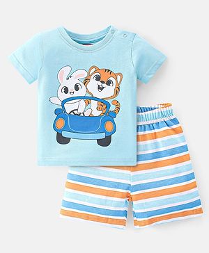 Babyhug Single Jersey Knit Half Sleeves Shorts Night Suit  Striped Bunny & Tiger Print - Blue