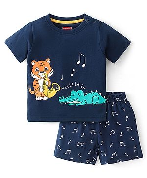 Babyhug Single Jersey Knit Half Sleeves Night Suit Tiger Print - Navy Blue