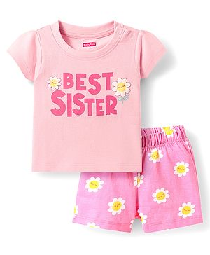 Babyhug Cotton Knit Half Sleeves Night Suit With Text Print - Pink