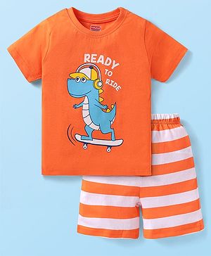 Babyhug Single Jersey Knit Half Sleeves Short Set Striped & Dino Print - Orange