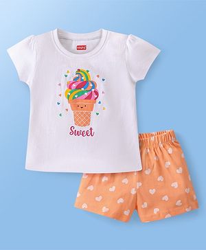 Babyhug Single Jersey Cotton Knit Ice Cream Printed Night Suit - White & Orange