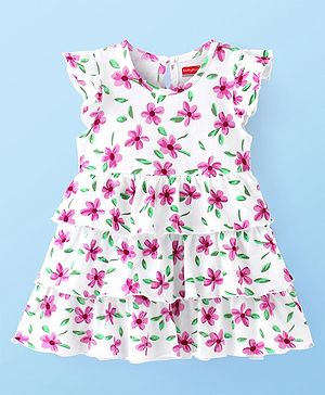 Babyhug Single Jersey Knit Frill Sleeves Layered Frock with Floral Print - White