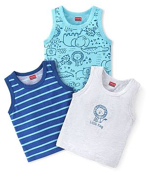 Babyhug 100% Cotton Knit Sleeveless Sandos With Wild Animal Print Pack of 3 - Multicolor