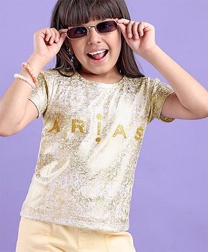 Arias Cotton Stretch Knit Single Jersey Half Sleeves T-Shirts With Placement & Foil Print - Golden