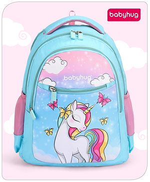 Babyhug Unicorn Print School Backpack|2 Main Compartments, 2 Front Pockets, 2 side Bottle Pockets|Water Resistant|Long lasting and Durable Zippers | Comfortable back cushioning | For School, Travel and Outdoors|Blue- 15inches