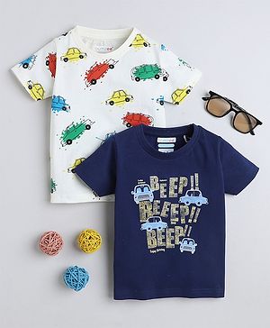 BUMZEE Pack Of 2 Cotton Half Sleeves Cars Printed Tees - Beige & Navy Blue