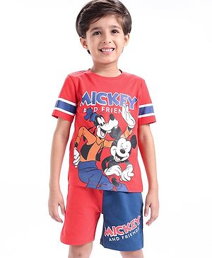 Babyhug Single Jersey Knit Half Sleeves T-Shirt & Shorts Set with Mickey Mouse  Print - Multicolour