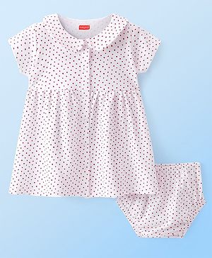 Babyhug Interlock Knit Half Sleeves Frock with Bloomer Heart Print - White