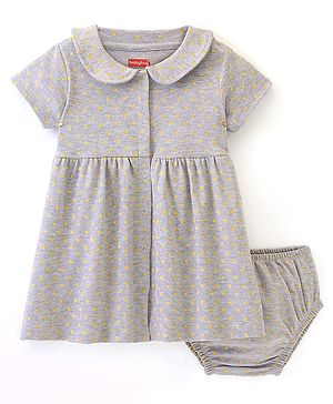 Babyhug Cotton Knit Half Sleeves Frock with Bloomer Polka Dots Print - Grey
