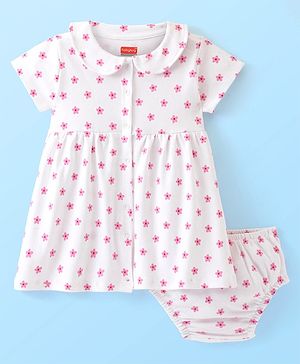 Babyhug Cotton Knit Half Sleeves Peter Pan Collar Frock with Bloomer Floral Print - Multicolour