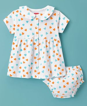 Babyhug Interlock Cotton Knit Half Sleeves Heart Printed Frock with Bloomer & Peterpan Collar - White & Pink