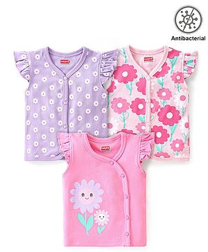 Babyhug 100% Cotton Knit Anti Bacterial Frill Sleeves Vests With Floral Print Pack of 3 - Pink & Purple
