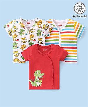Babyhug 100% Cotton Kint Half Sleeves Antibacterial Front Open Striped Vests Pack of 3 - Multicolor