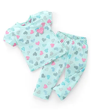 Babyhug Cotton Knit Single Jersey Half Sleeves Night Suit With Heart Print & Applique - Blue