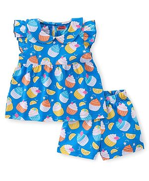 Babyhug Cotton Knit Terry Half Sleeves Night Suit With Ice Cream Print - Blue