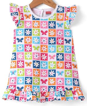 Babyhug Cotton Knit Half Sleeves Nighty Floral Print - Multicolour