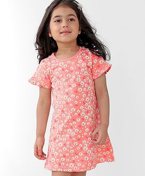 Babyhug Cotton Knit Half Sleeves Nighty With Floral Print -Peach