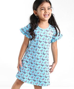Babyhug Cotton Knit Half Sleeves Nighty With Butterfly Print - Blue