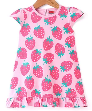 Babyhug Cotton Knit Half Sleeves Nighty With Strawberry Print - Pink