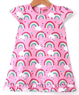 Babyhug Cotton Knit Half Sleeves Nighty With Rainbow Print - Pink