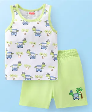 Babyhug 100% Cotton Single Jersey Knit Sleeveless Sando & Shorts Set Dino Print - Green