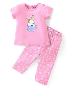 Babyhug Cotton Knit Half Sleeves Nightsuit With Snowflakes Print - Pink