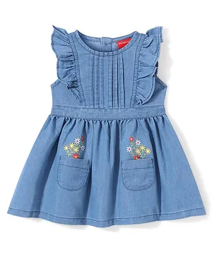Babyhug Denim Frilled Sleeves A-Line Frock with Floral Embroidery - Blue