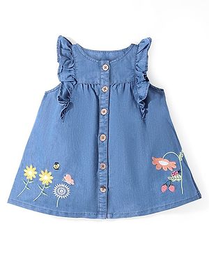 Babyhug Denim Knit Sleeveless Frock Floral Embroidery - Blue